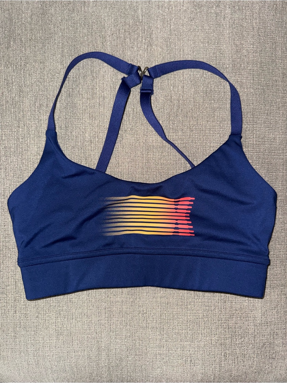 Savage X Fenty Navy Blue Strappy Sports Bra with Yellow-to-Pink Gradient